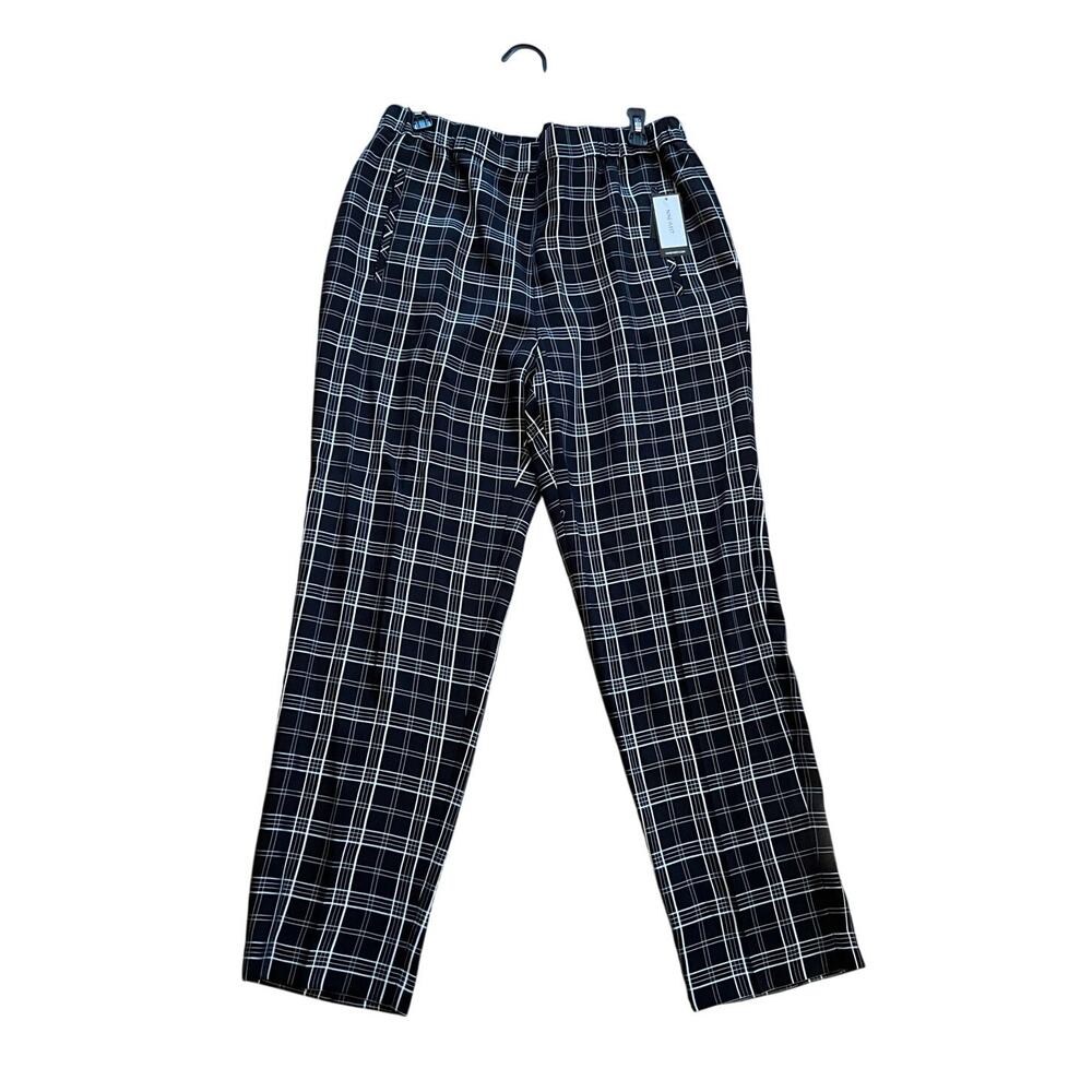 Nine West Tapered Pants Mid Rise Pull-On Plaid Black/Ivory Womens Size L NWT